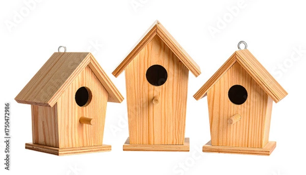 Obraz Three wooden birdhouses with various shapes against a transparent backdrop
