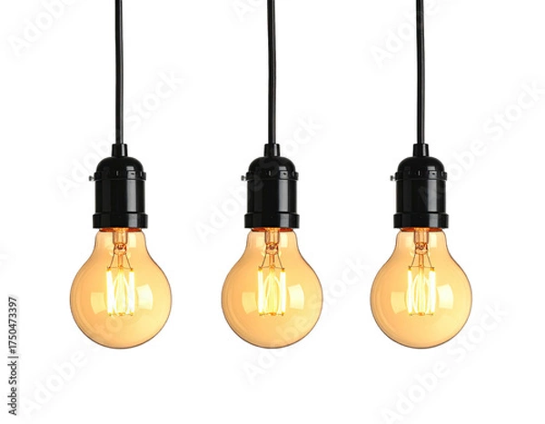 Obraz Three vintage light bulbs hanging against a black background, lit up and glowing