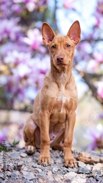 Fototapeta Dog sitting in blossoms