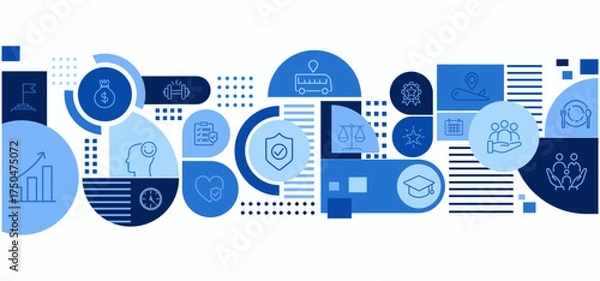 Obraz Employee benefits package and engagement concept with icons. Health insurance, paid vacation, financial and workplace perks. Incentive motivation for corporate company. Vector illustration template.