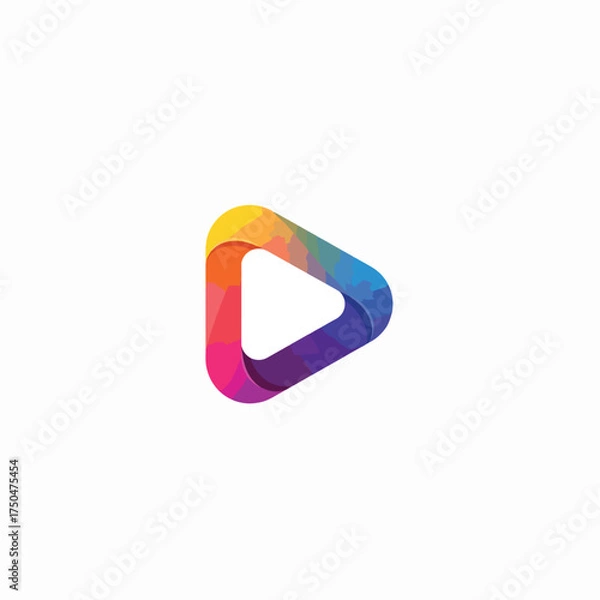 Fototapeta Vibrant abstract geometric play button logo design featuring a modern polygonal triangle in a spectrum of gradient colors, ideal for digital media, technology, or creative branding