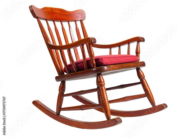 Fototapeta Ornate wooden rocking chair with red cushion isolated on black background