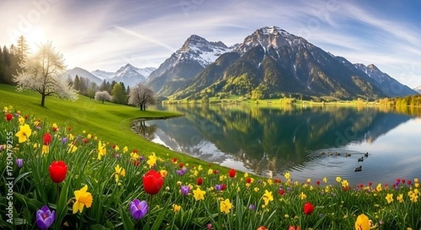 Obraz Alpine Lake Reflection - A Vibrant Spring Meadow Landscape.