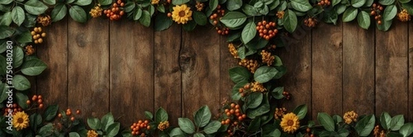 Obraz Rustic wooden background adorned with lush green leaves, vibrant yellow flowers, and bright orange berries, creating a natural frame that beautifully encloses the blank space in the center, perfect...