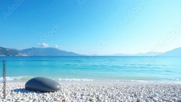 Obraz A serene coastal scene showcases a pebble-covered beach meeting the tranquil, turquoise waters of the ocean under a clear, azure sky, with mountains visible in the distance, 