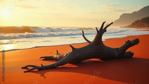 Obraz Dramatic seascape captures a weathered, dry tree trunk resting upon a striking orange beach during a sunset, creating a contrast with rolling ocean waves, offering a serene and picturesque coastal...