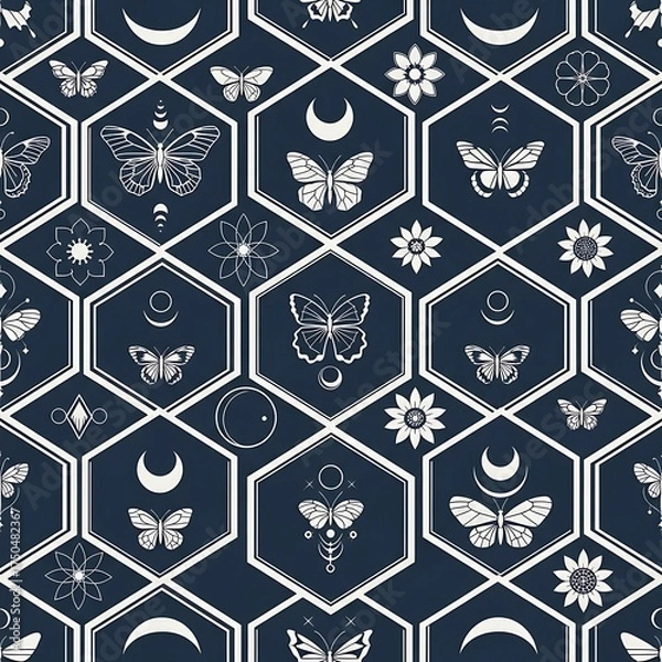 Obraz Celestial Butterflies and Moons - A Mystical Hexagon Pattern.