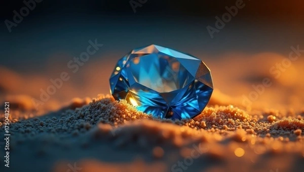 Obraz Sparkling blue gemstone rests on a sandy surface, illuminated by warm, golden light, creating a beautiful contrast against the darker background with soft bokeh and an overall luxurious aesthetic.