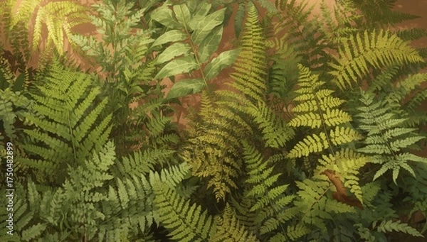 Obraz Lush green fern fronds and other foliage create a detailed and textured natural pattern, displayed against a warm brown background with soft lighting, showcasing an abundance of plant life and...