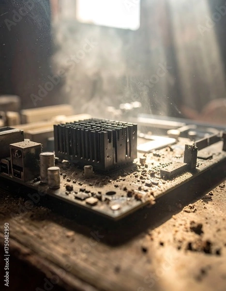 Fototapeta Dusty computer motherboard in sunlit workshop