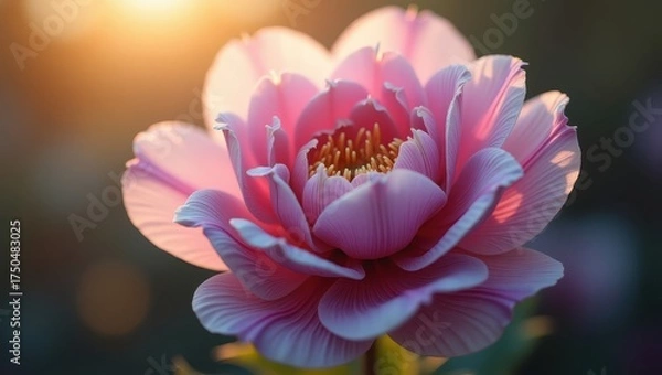 Obraz Exquisite depiction of a vibrant pink flower, its delicate petals illuminated by soft, warm sunlight, creating a serene atmosphere and showcasing intricate details and the beauty of nature.