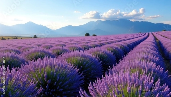 Obraz Vibrant purple lavender fields stretch towards distant mountain ranges under a bright blue sky, punctuated by fluffy white clouds, creating a serene and picturesque landscape at the golden hour.