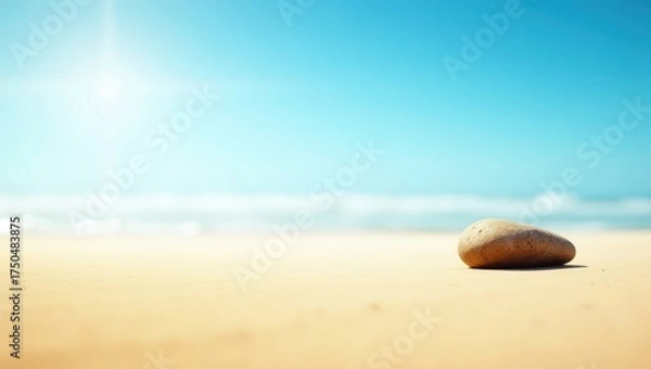 Obraz Pebble rests on sunlit beach sand with the bright blue sky as the backdrop, soft waves subtly break in the distance, the natural composition evokes a sense of tranquility and relaxation on a...