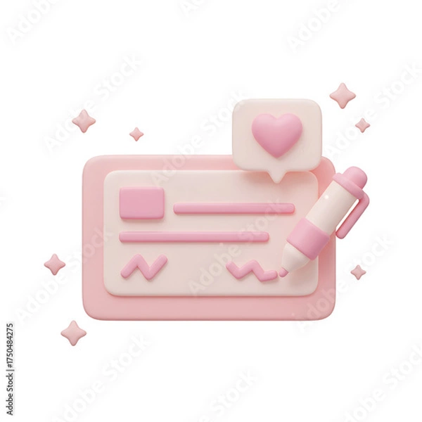 Obraz A 3D rendered illustration of a pink check being written with a pen, with a heart icon. Isolated on a Transparent Background, PNG, Cutout