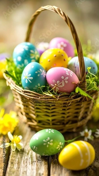 Fototapeta Easter eggs in a basket on a rustic wooden table