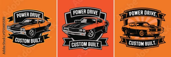 Fototapeta Muscle car badge collection with power drive custom built text, retro automotive illustration for garage emblem and t shirt design