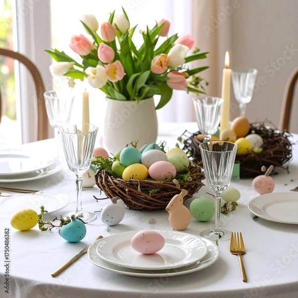 Fototapeta Easter table setting with tulips and pastel eggs
