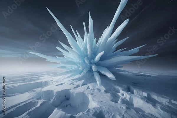 Fototapeta Explosion of sharp blue ice crystals on a frozen landscape