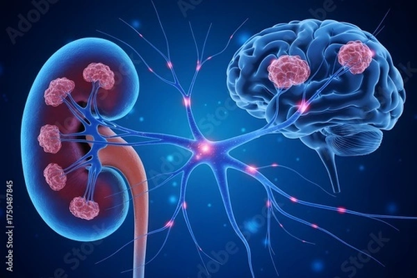Fototapeta Neural connection between kidney and brain illustrating systemic health