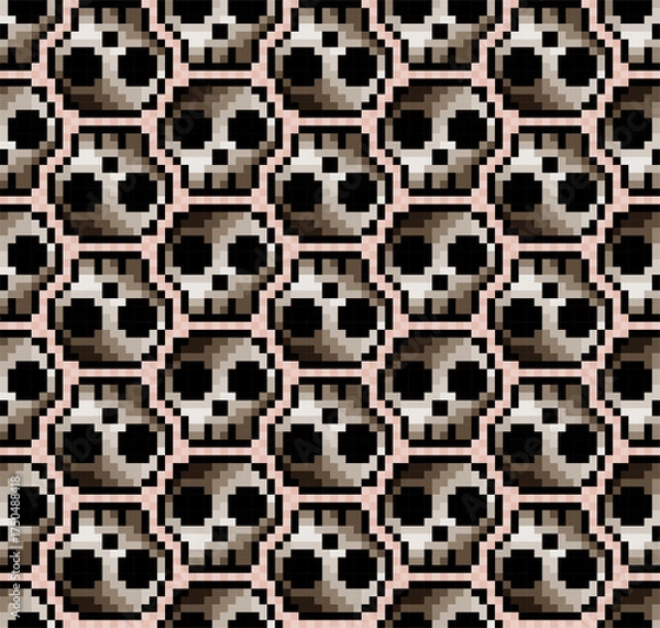 Fototapeta The seamless pixel background with skulls.
