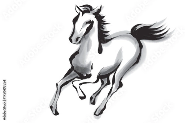 Obraz 筆で描いた走る馬の墨絵白黒イラスト