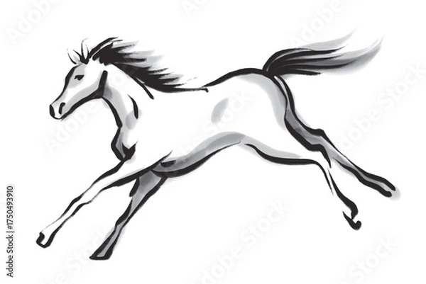 Obraz 横から見た筆で描いた走る馬の白黒イラスト