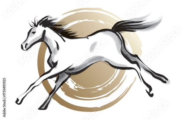 Obraz 横から見た筆で描いた走る馬の白黒イラストと金の丸