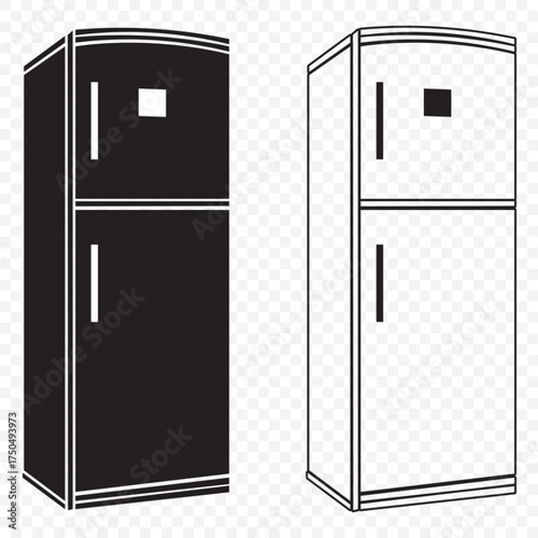 Fototapeta Modern refrigerator icon set, black and white fridge vector illustration, minimal kitchen appliance design, household cooling equipment, clean outline style graphic On Transparent Background. EPS 10.