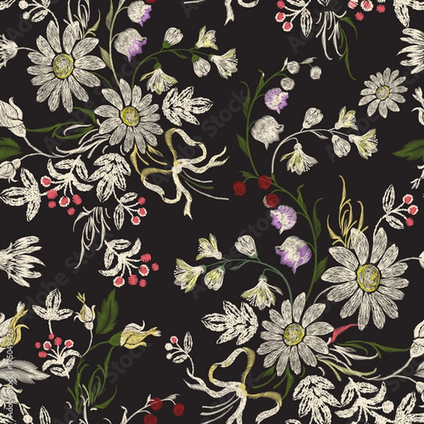 Obraz Embroidery floral seamless pattern with chamomiles and bows. Vector embroidered bouquet with flowers for wearing design.