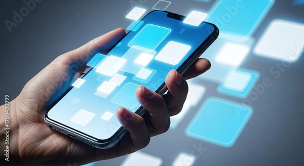 Fototapeta Modern Smartphone with Glowing Interface: Hand Holding Mobile Phone Displaying Futuristic Technology and Digital Data, Perfect for Tech and Business Concepts