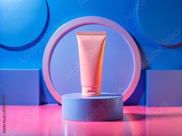 Fototapeta A pink cosmetic cream tube displayed on a blue podium with a circular backdrop