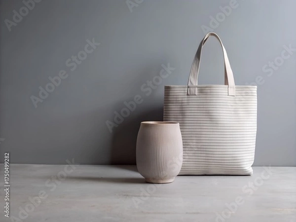 Fototapeta Textured tote bag and ceramic vase on a grey surface against a grey wall