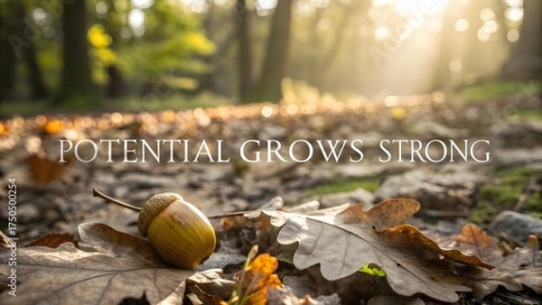 Obraz Close up of an acorn and leaves on the forest floor