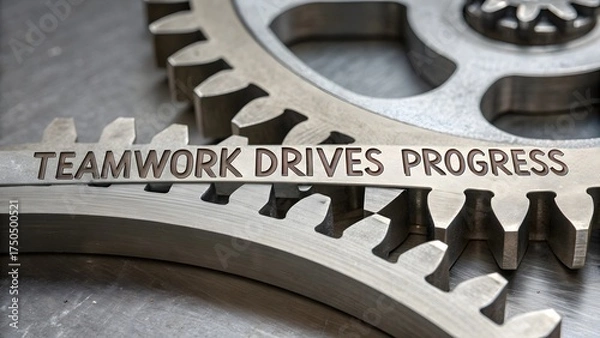 Obraz Close up of gear with the words Work Drives Progress