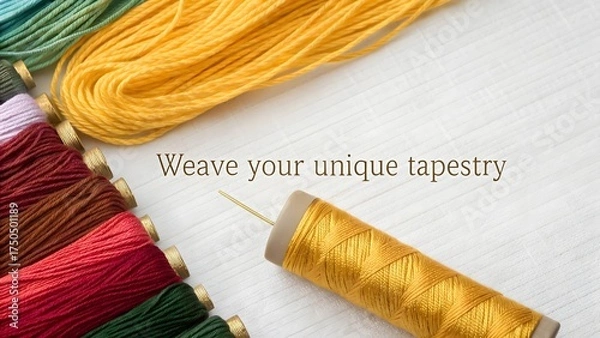 Obraz Close up of yellow and colorful yarn rolls with a needle