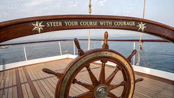 Obraz Close up view of wooden ship wheel with inspiring message