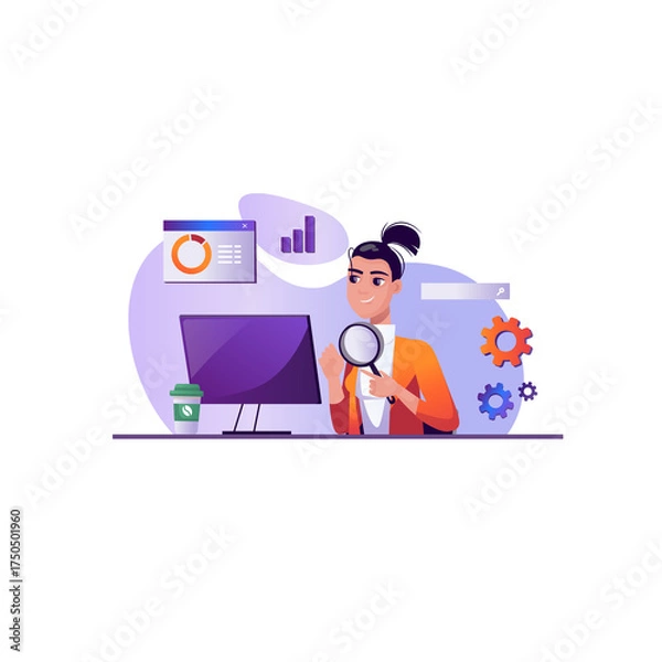 Fototapeta Woman Analyst Examines Computer Screen Data With Magnifying Glass Gears And Graphs Representing Business Growth And Development On A Transparent Background