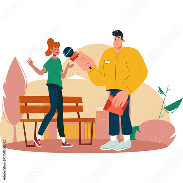 Fototapeta Woman Answering Reporter's Questions Outdoors with Microphone and Notebook in a Park Setting with Trees and Bench