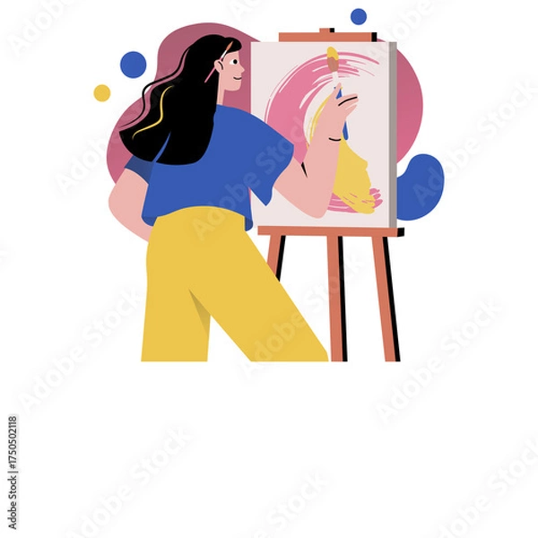 Fototapeta Woman Artist Painting Abstract Canvas on Easel with Yellow and Pink Hues Diverse Colors in Background Studio Setting