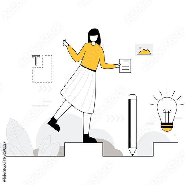 Fototapeta Woman Climbing Stairs Towards Success Holding Document With Lightbulb Idea Illustration On Transparent Background