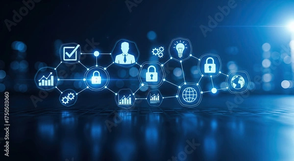 Fototapeta Cyber Security Concept: Futuristic Data Protection Network with Padlocks, User, Graphs and Globe Icons on Dark Blue Background. Digital Safety