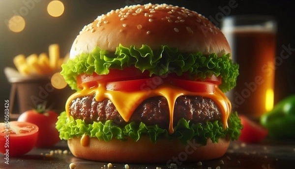 Fototapeta Tasty Single Burger on Wooden Background | Appetizing Fast Food Image