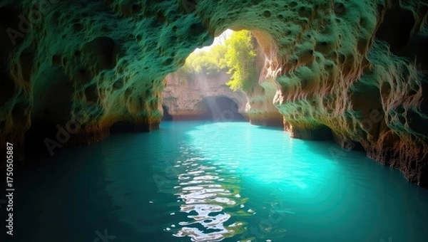 Obraz The captivating scene features a tranquil body of turquoise water flowing through a natural cavern, illuminated by sunlight streaming in from the opening above.