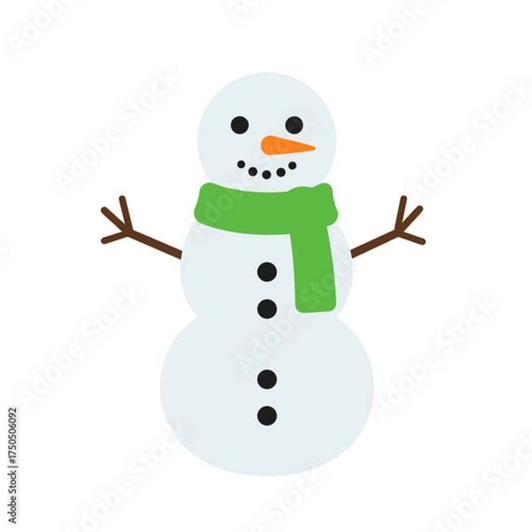 Fototapeta Snowman with green scarf, cheerful, winter decoration