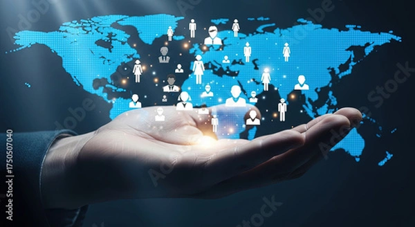 Fototapeta Global Network Concept: Hand Holding World Map with People Icons, Representing International Business, Communication, and Global Connections