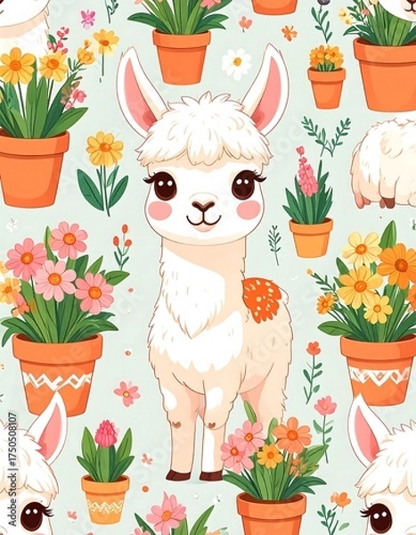 Fototapeta Cute llama in flower pots.  Repeating pattern