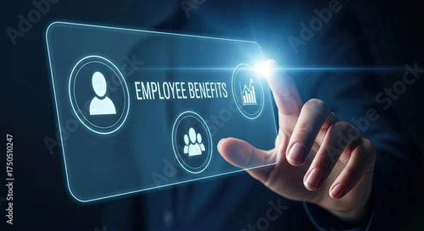 Fototapeta Innovative Employee Benefits Concept: Man Interacting with Digital Interface Displaying Perks, Growth, and Teamwork for HR and Business Solutions