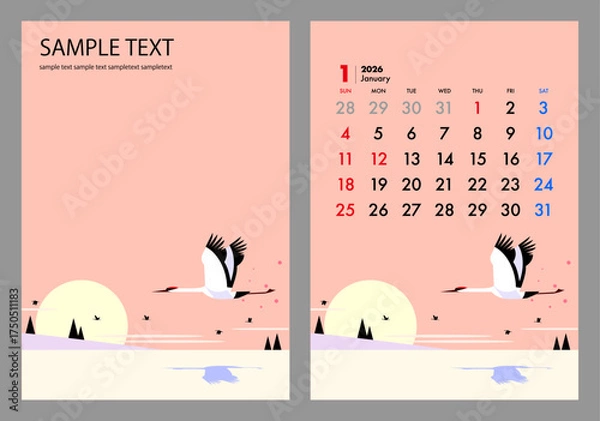 Obraz 季節を感じる表紙イラストとカレンダー,鶴と夜明け