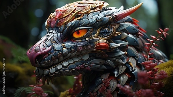 Fototapeta A detailed close-up of a mythical dragon's head with glowing orange eyes and intricate scales, set against a blurred forest background.