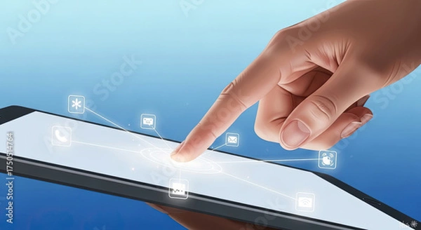 Fototapeta Digital Tablet Interface: Hand Touching Screen with App Icons. Modern Technology and Communication Concept. Perfect for UI/UX Design and Marketing Use